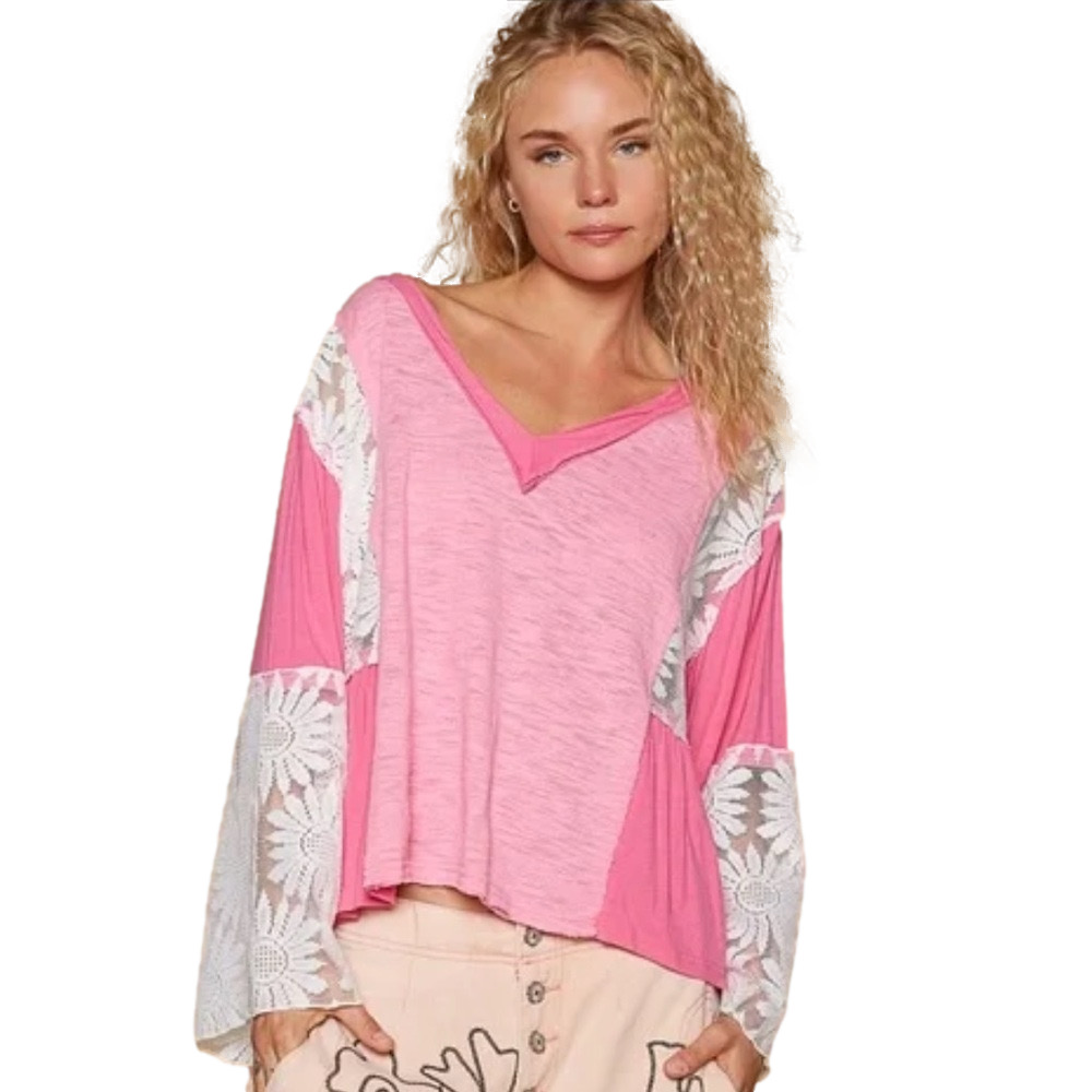 POL Women’s V-neck pink white lace detail flare sleeve boho top